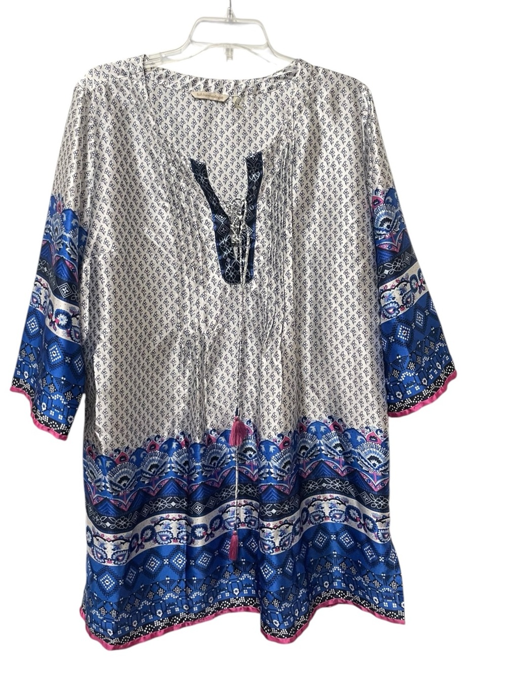 Soft Surroundings satin patterned bohemian tunic top mini dress   a V-neck XL